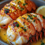Garlic butter lobster tails served in lemon garlic sauce, garnished with chopped parsley and lemon zest in a rustic ceramic bowl.