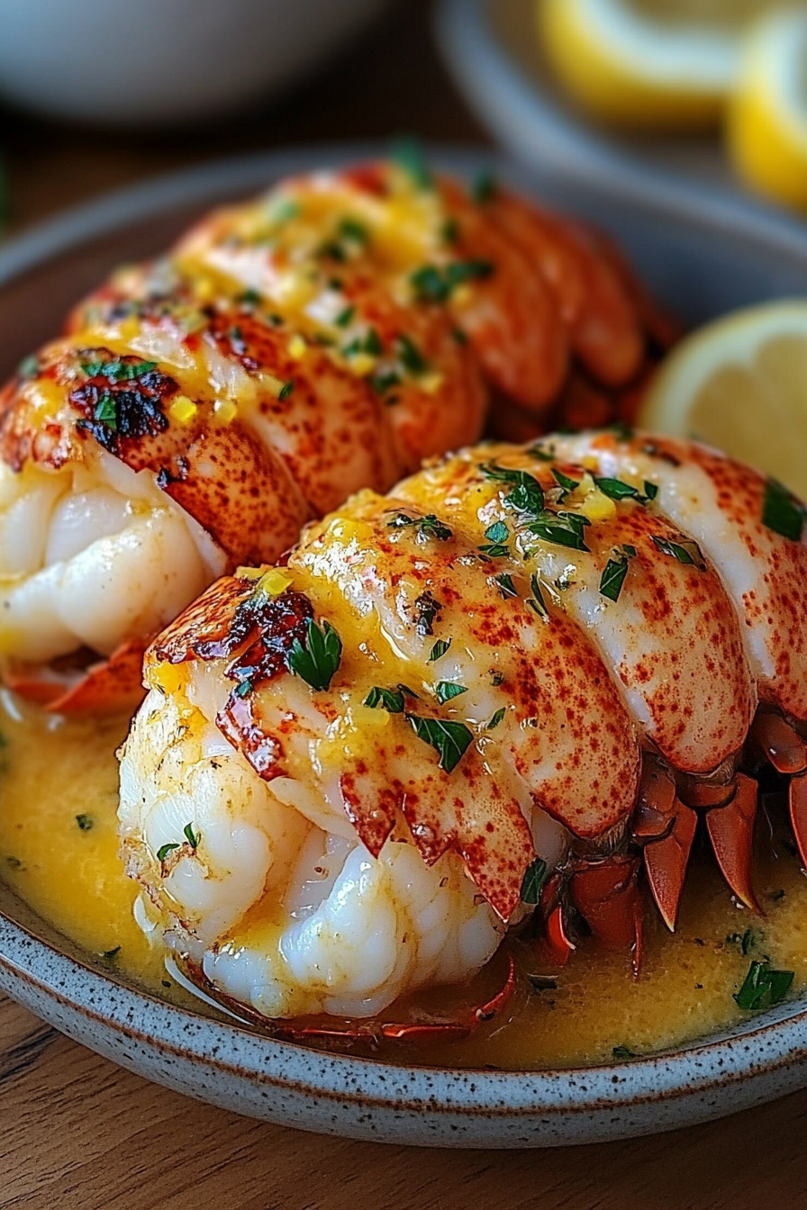 Garlic butter lobster tails served in lemon garlic sauce, garnished with chopped parsley and lemon zest in a rustic ceramic bowl.
