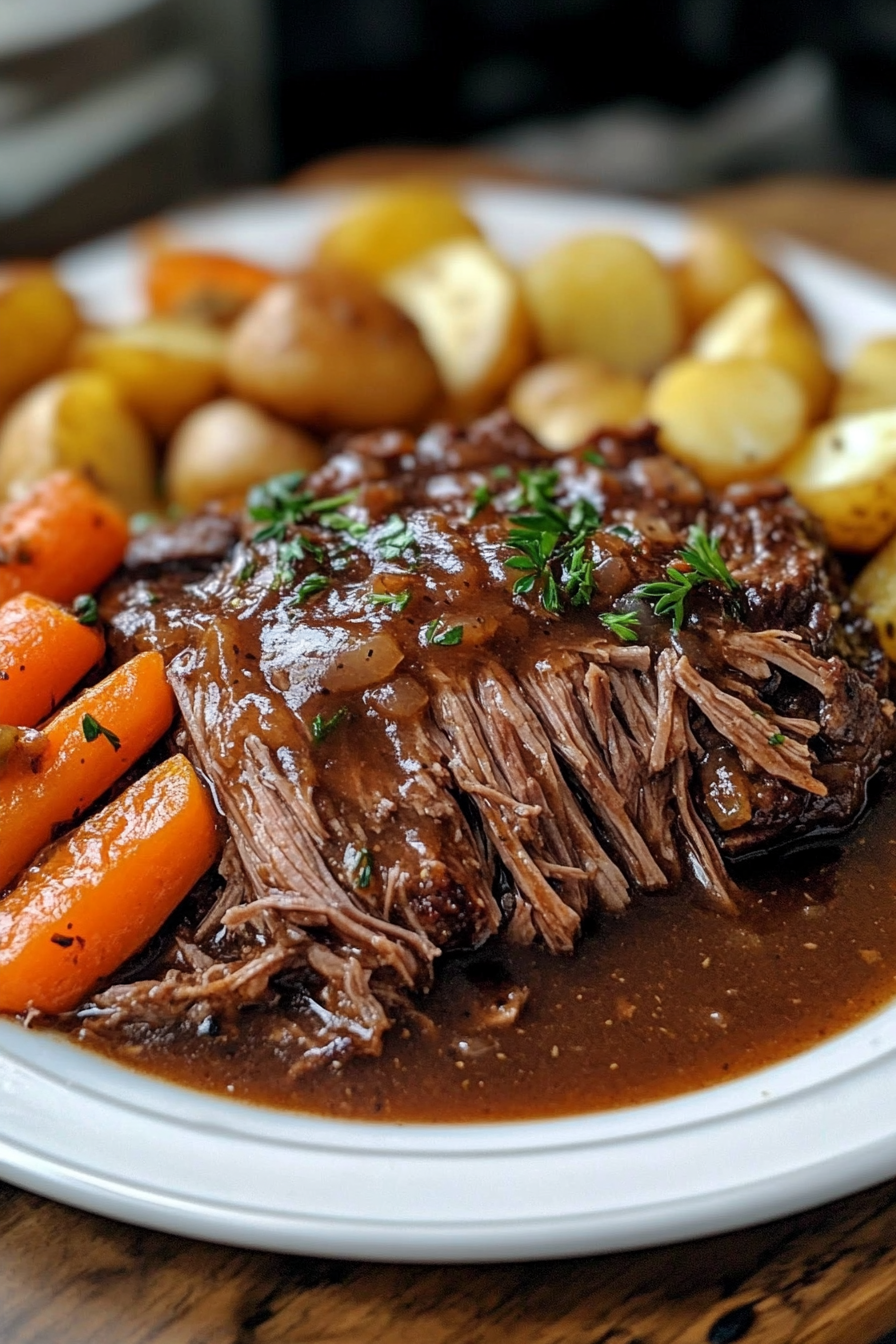 Slow Cooker Pot Roast with shredded beef, baby potatoes, glazed carrots, and rich brown gravy garnished with fresh herbs on a white plate.