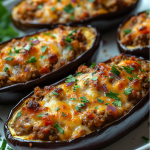 Close-up of Spanish stuffed eggplants filled with ground meat, onions, peppers, and cheese, garnished with fresh parsley.