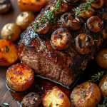 Slow Cooker Balsamic Glazed Pork Roast with golden honey glaze, rosemary sprigs, and roasted vegetables on a wooden cutting board.