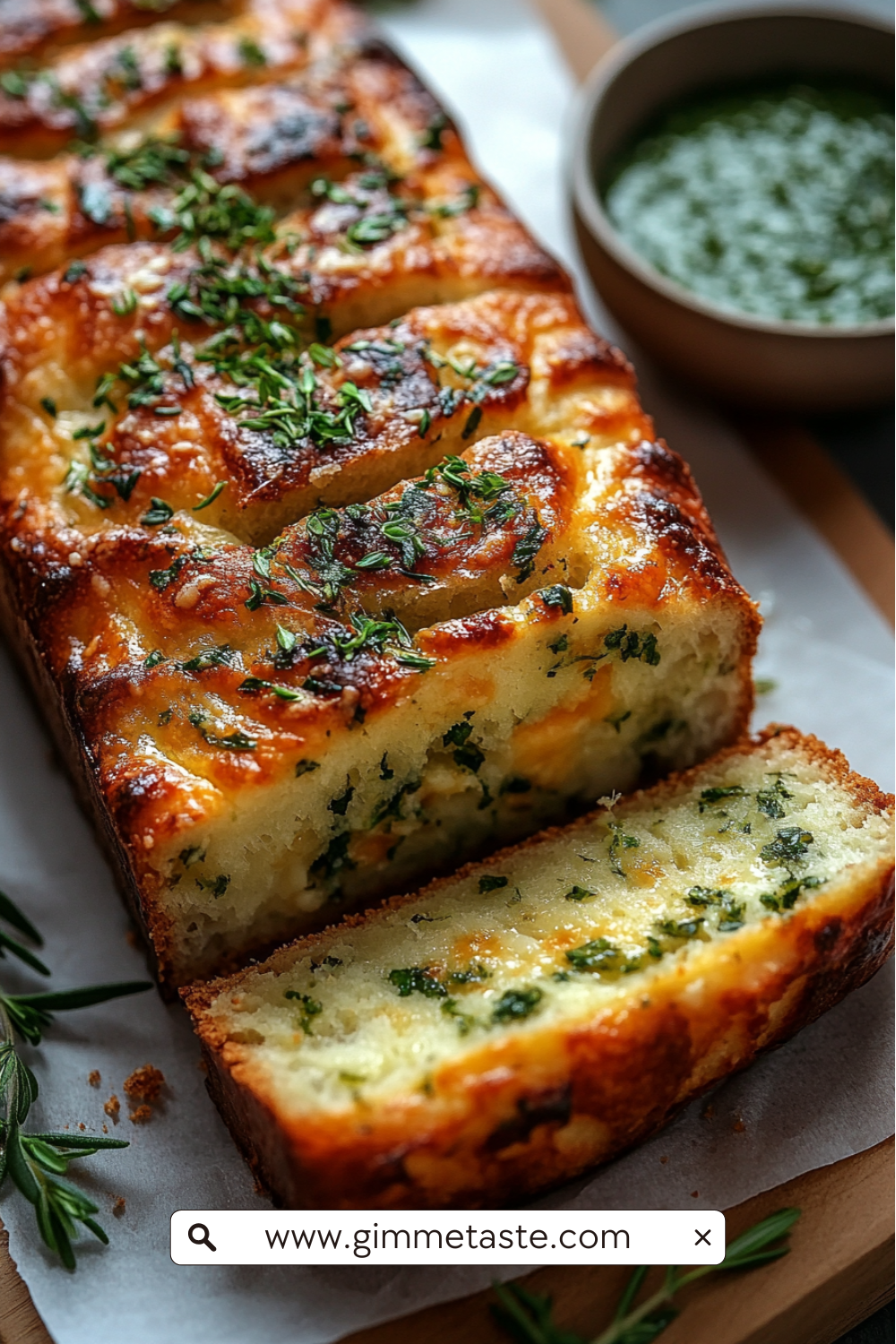 Cheese, Herb & Garlic Quick Bread (No Yeast) with golden crust, scattered herbs, and a moist interior filled with pockets of cheese and fresh herbs.