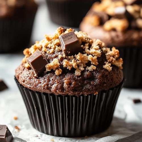 Chocolate Coffee Toffee Crunch Muffin with crumbly streusel topping on a wooden board.