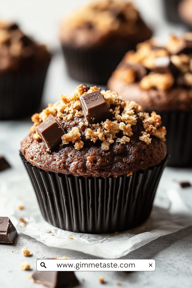 Chocolate Coffee Toffee Crunch Muffin with crumbly streusel topping on a wooden board.