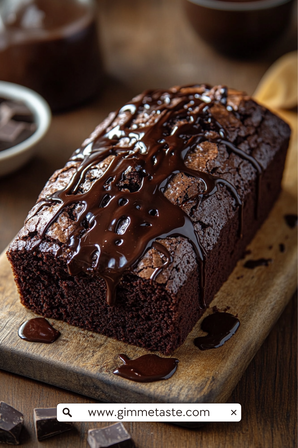 Hot Fudge Brownie Bread with glossy milk chocolate ganache drizzle, rich and fudgy loaf on parchment paper.