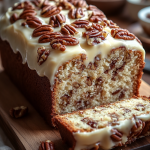 Butter Pecan Cake Loaf with cream cheese icing and toasted pecans on a wooden board, sliced to show its moist, nutty interior.