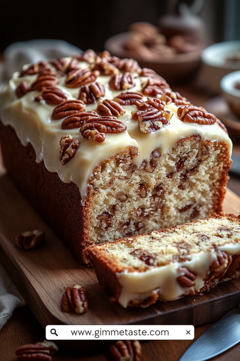 Butter Pecan Cake Loaf with cream cheese icing and toasted pecans on a wooden board, sliced to show its moist, nutty interior.