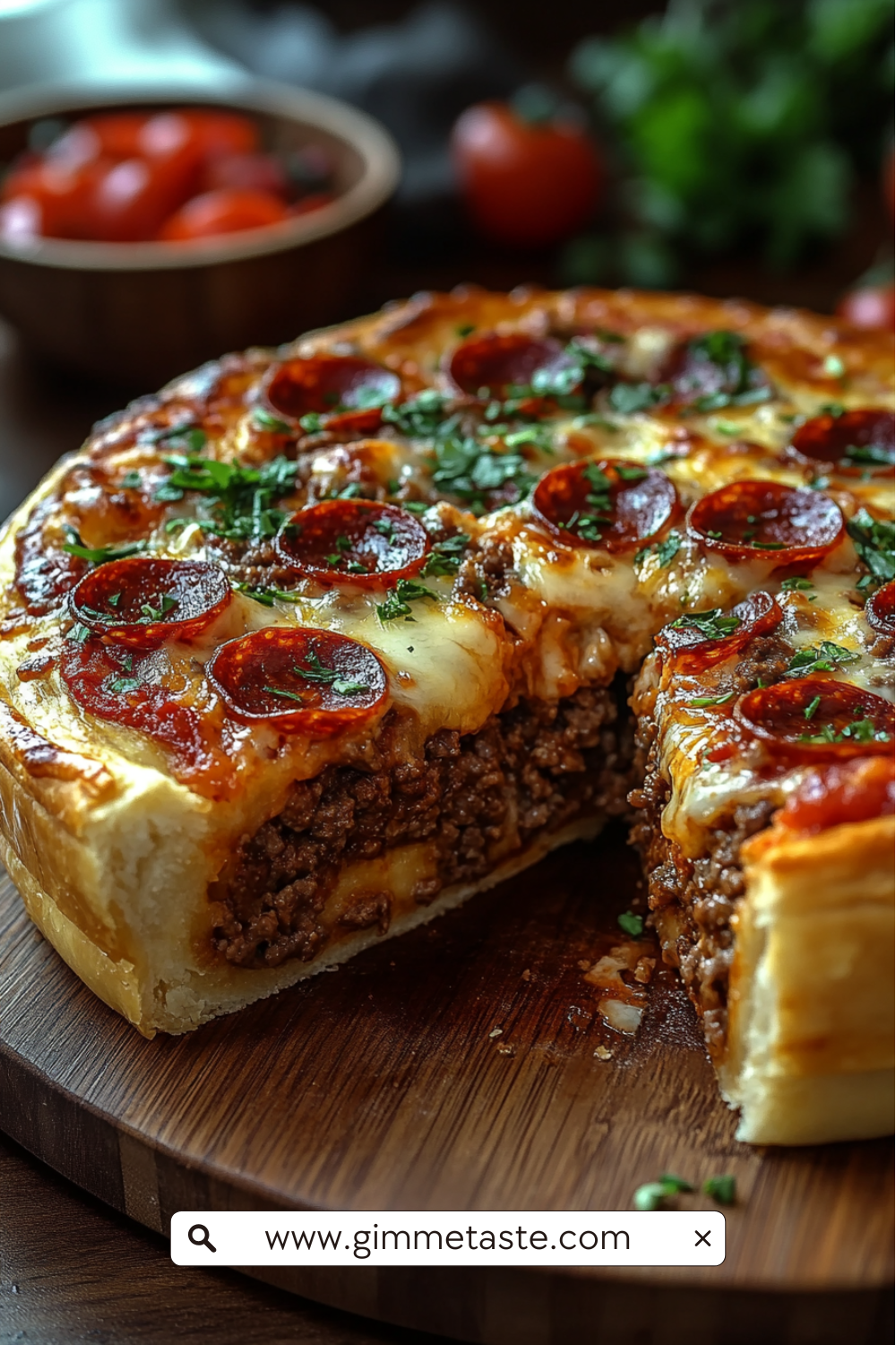Slice of Stuffed Deep Dish Pizza Pie showing layers of ground beef, melted cheese, pepperoni, and fresh herbs on a wooden board.