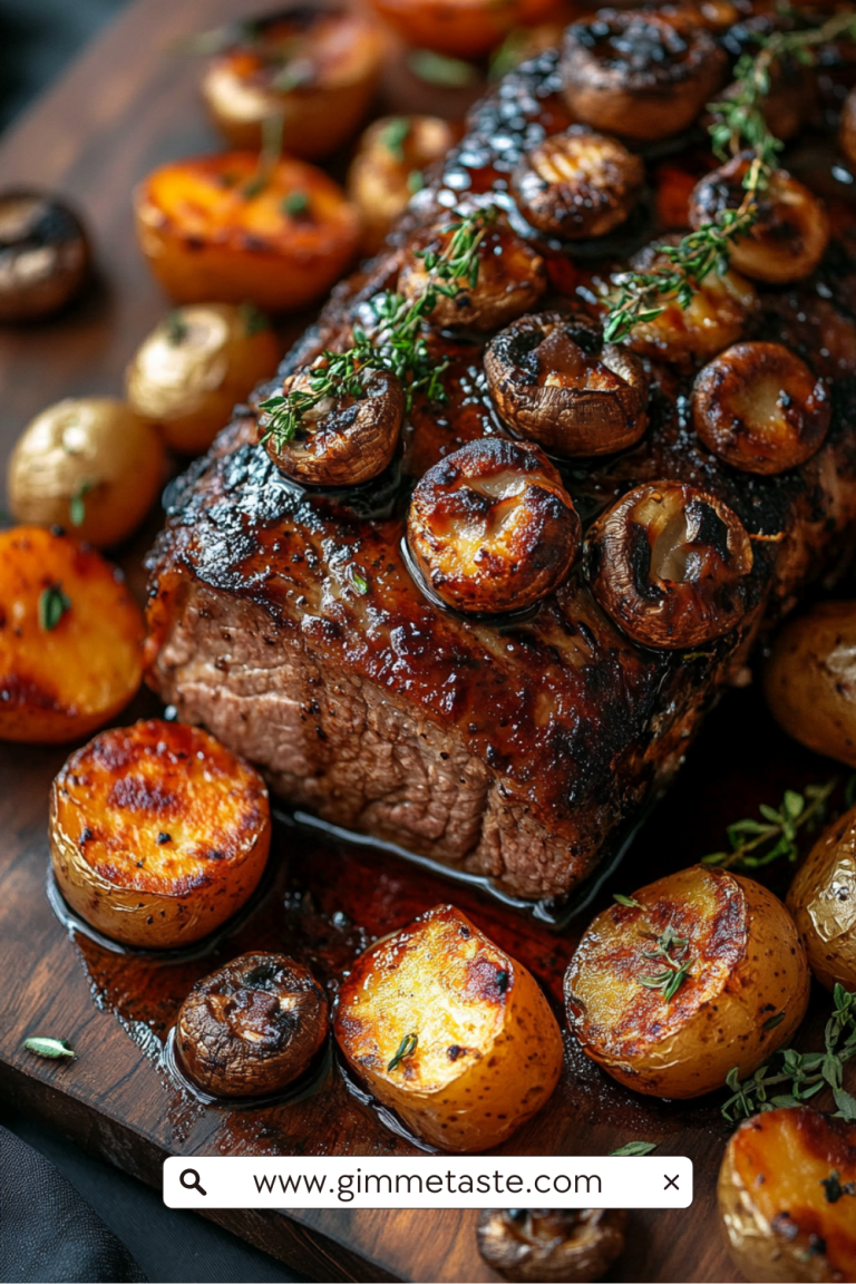 Slow Cooker Balsamic Glazed Pork Roast with golden honey glaze, rosemary sprigs, and roasted vegetables on a wooden cutting board.