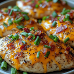 Keto Crack Chicken on a plate, featuring juicy chicken breasts topped with melted cheddar cheese, crispy bacon bits, and chopped green onions, served on a rustic plate.