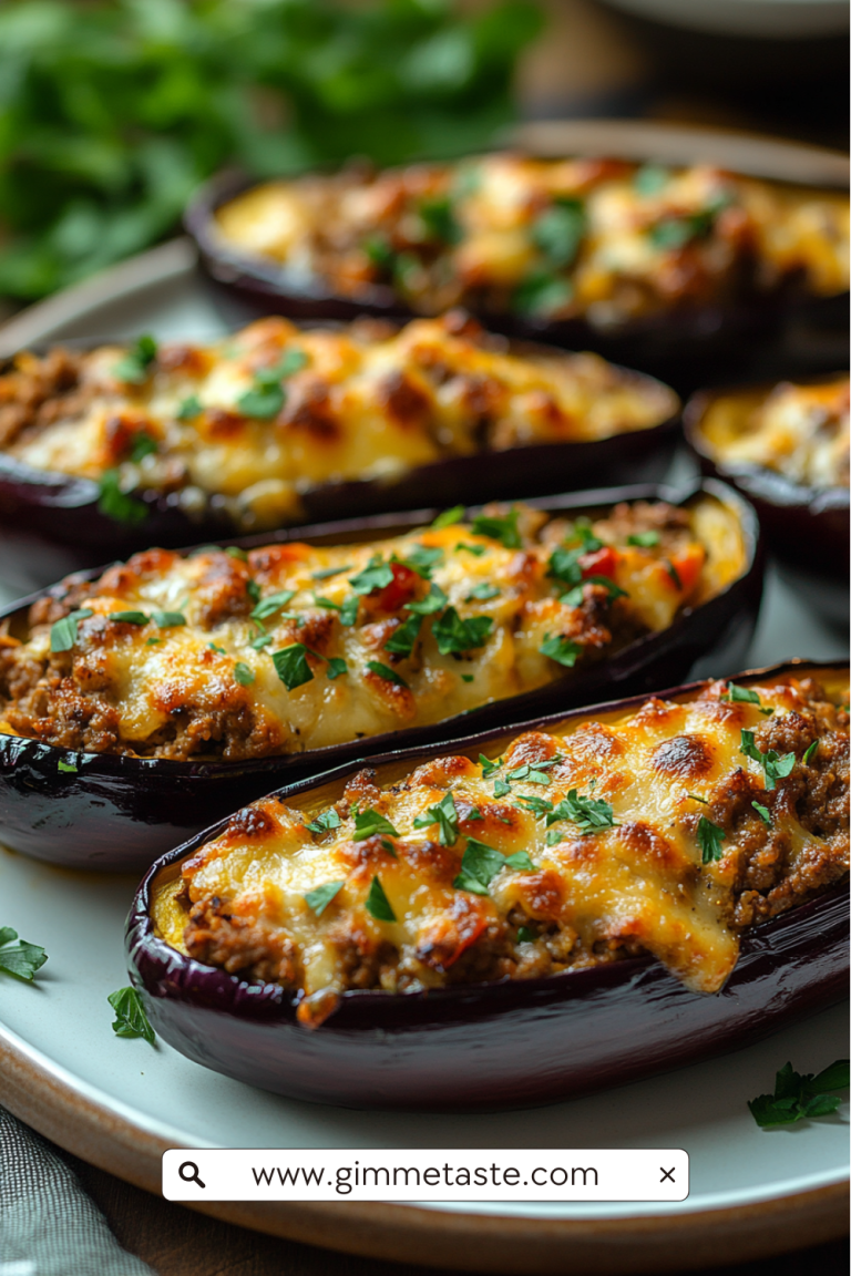 Close-up of Spanish stuffed eggplants filled with ground meat, onions, peppers, and cheese, garnished with fresh parsley.