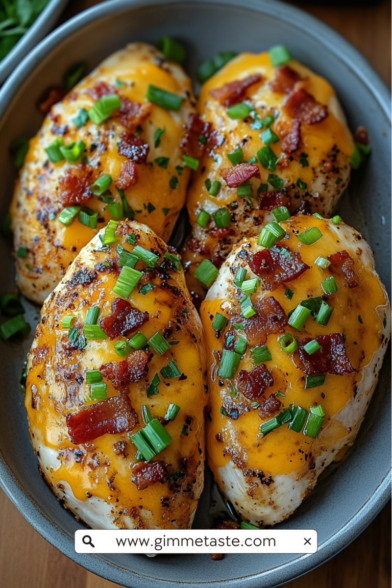 Keto Crack Chicken on a plate, featuring juicy chicken breasts topped with melted cheddar cheese, crispy bacon bits, and chopped green onions, served on a rustic plate.