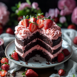 A decadent chocolate layer cake filled and topped with pink strawberry frosting, adorned with whole and halved fresh strawberries and edible flowers.
