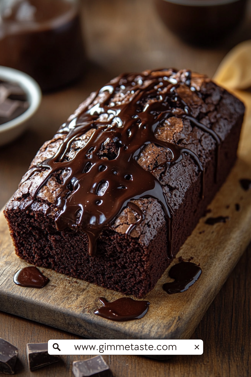 Hot Fudge Brownie Bread with glossy milk chocolate ganache drizzle, rich and fudgy loaf on parchment paper.