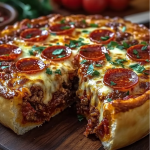 Slice of Stuffed Deep Dish Pizza Pie showing layers of ground beef, melted cheese, pepperoni, and fresh herbs on a wooden board.