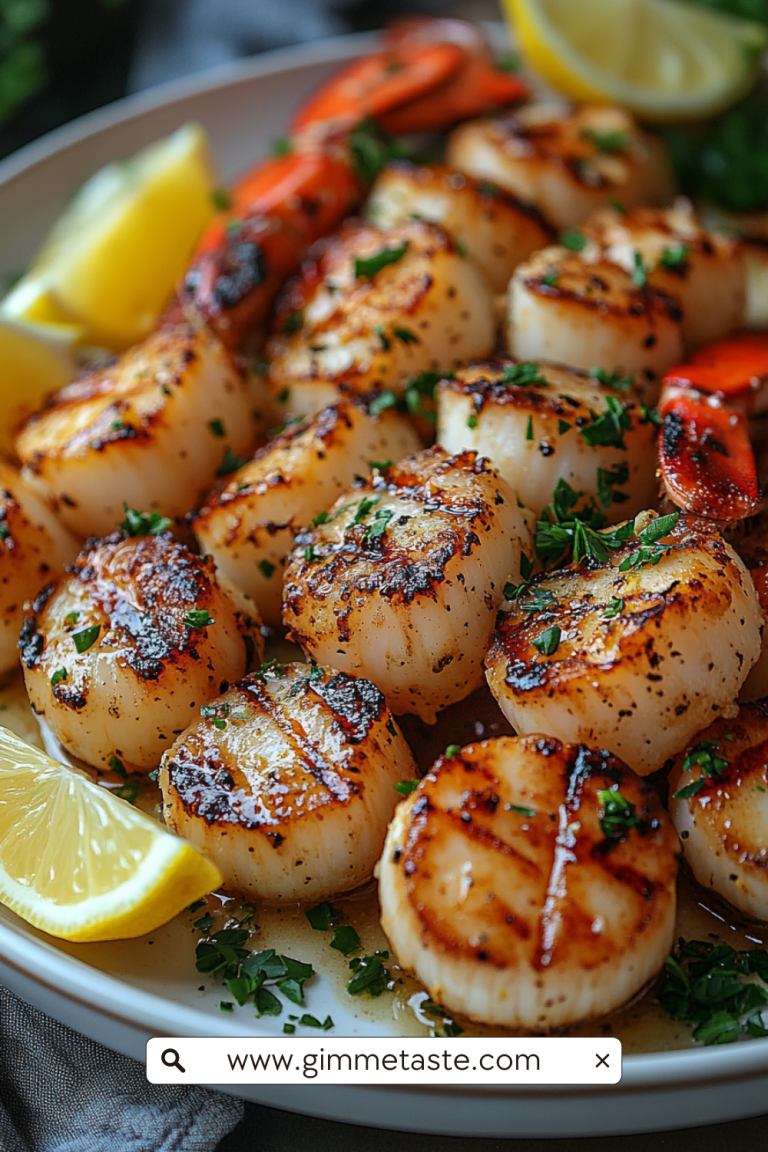 Close-up of garlic butter lobster and scallops garnished with parsley, served with golden roasted squash and lemon slices on a white plate.