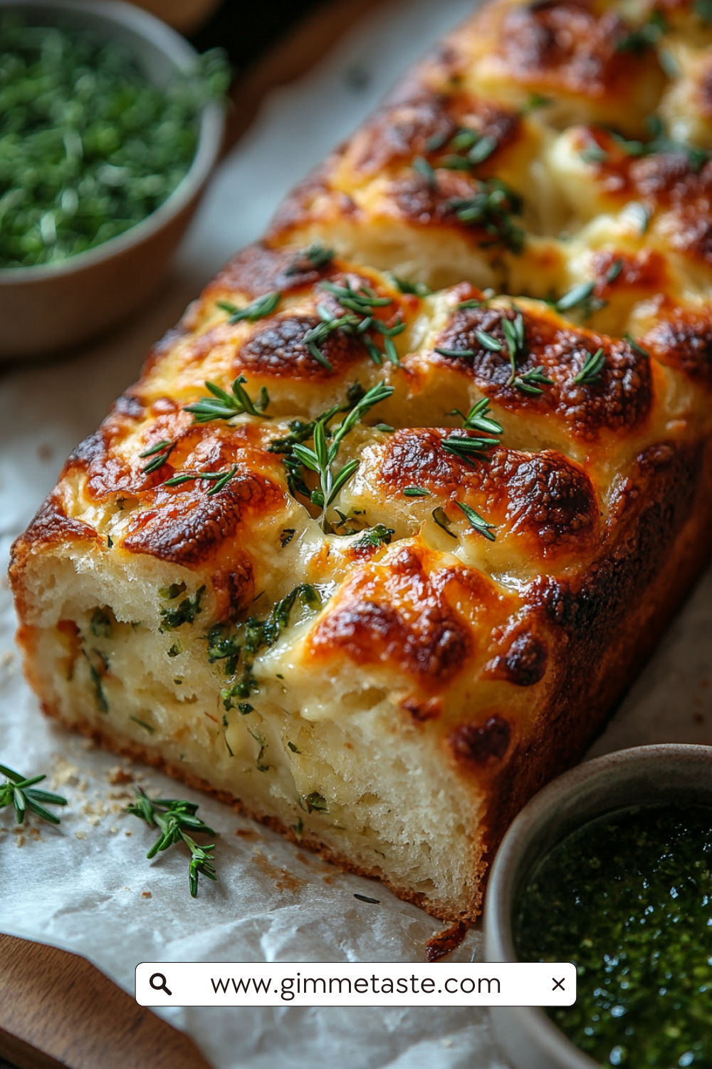 Cheese, Herb & Garlic Quick Bread (No Yeast) with golden crust, scattered herbs, and a moist interior filled with pockets of cheese and fresh herbs.