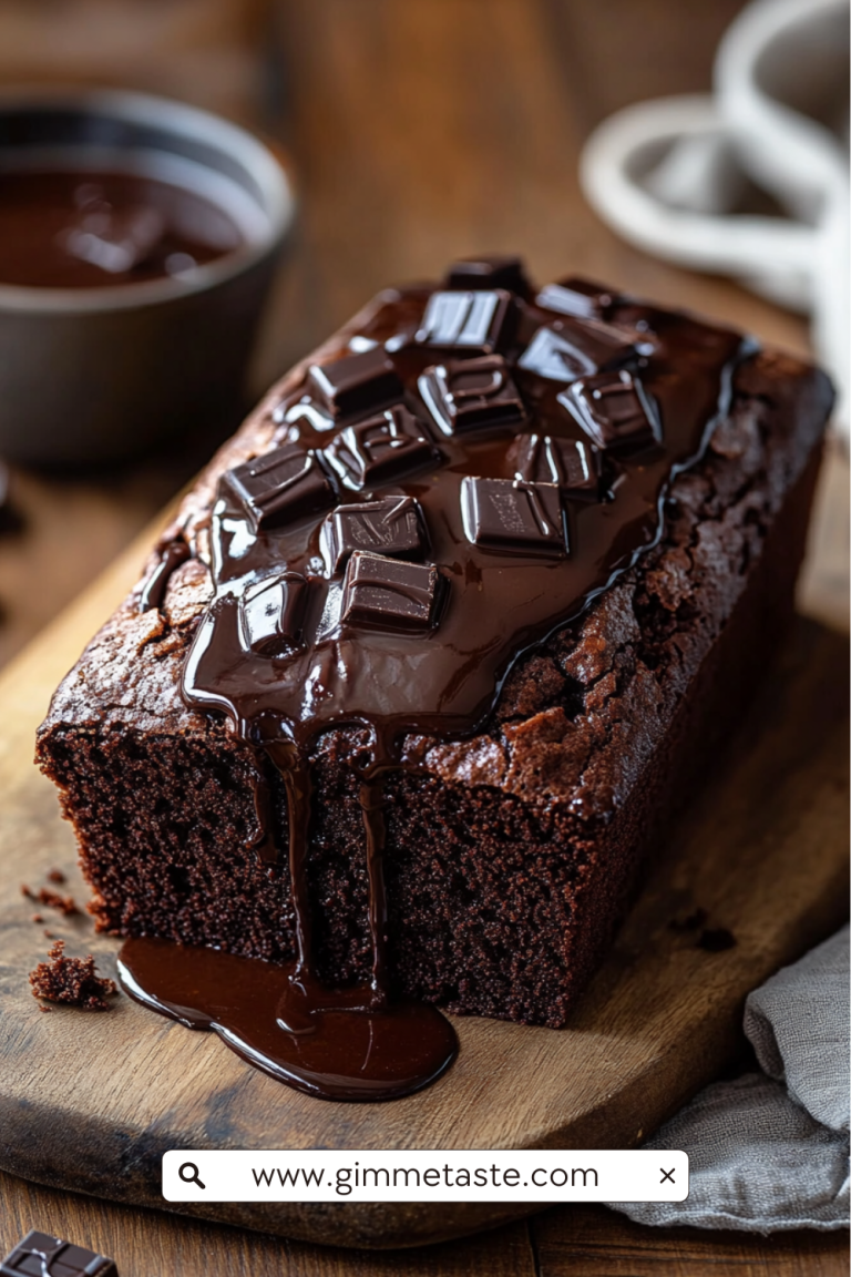 Hot Fudge Brownie Bread with glossy milk chocolate ganache drizzle, rich and fudgy loaf on parchment paper.