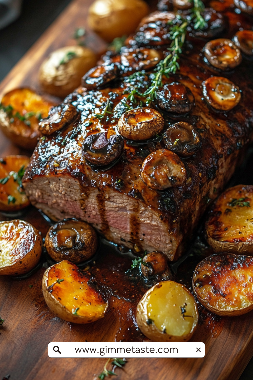 Slow Cooker Balsamic Glazed Pork Roast with golden honey glaze, rosemary sprigs, and roasted vegetables on a wooden cutting board.