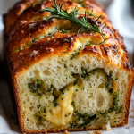 Cheese, Herb & Garlic Quick Bread (No Yeast) with golden crust, scattered herbs, and a moist interior filled with pockets of cheese and fresh herbs.