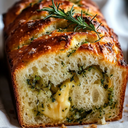 Cheese, Herb & Garlic Quick Bread (No Yeast) with golden crust, scattered herbs, and a moist interior filled with pockets of cheese and fresh herbs.