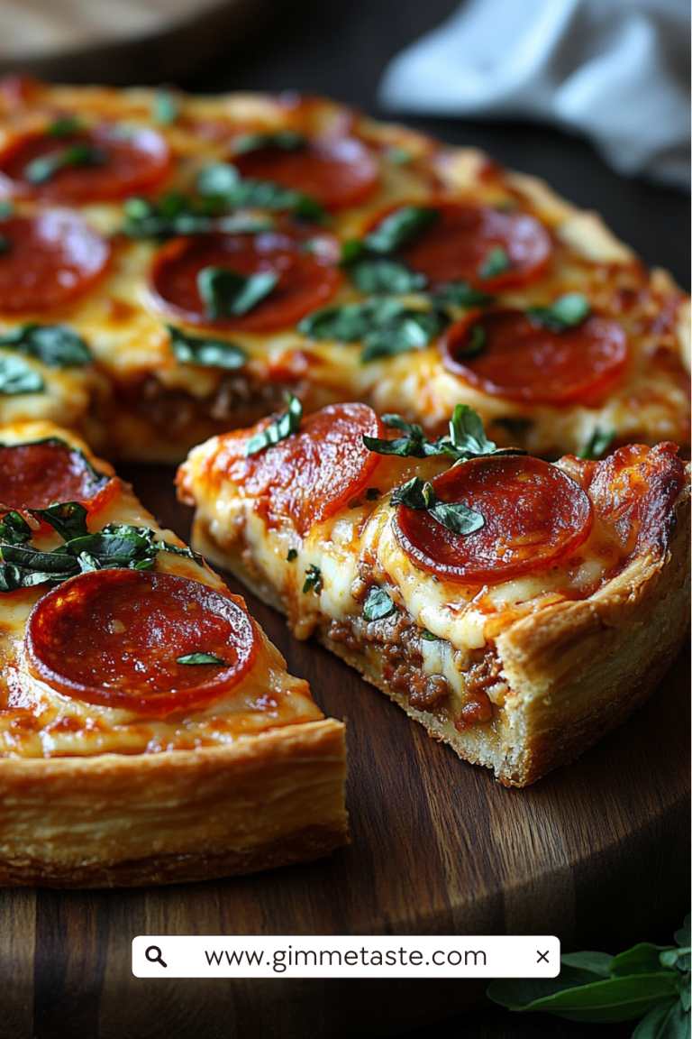 Slice of Stuffed Deep Dish Pizza Pie showing layers of ground beef, melted cheese, pepperoni, and fresh herbs on a wooden board.