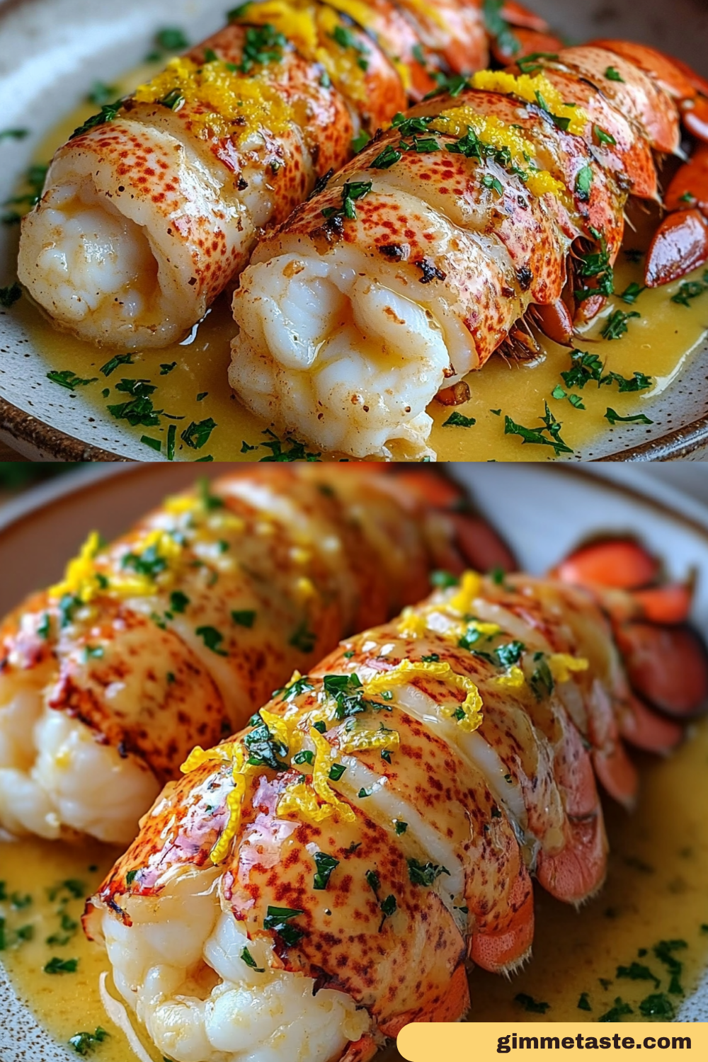 Garlic butter lobster tails served in lemon garlic sauce, garnished with chopped parsley and lemon zest in a rustic ceramic bowl.