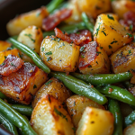 Ranch green beans and potatoes with crispy bacon in a bowl, featuring golden roasted baby potatoes and vibrant green beans seasoned with herbs.