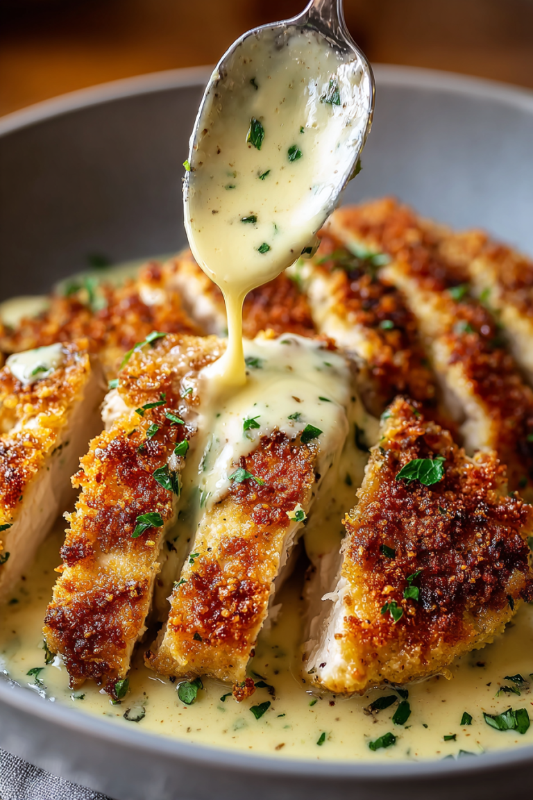 Parmesan Crusted Chicken with Creamy Garlic Sauce