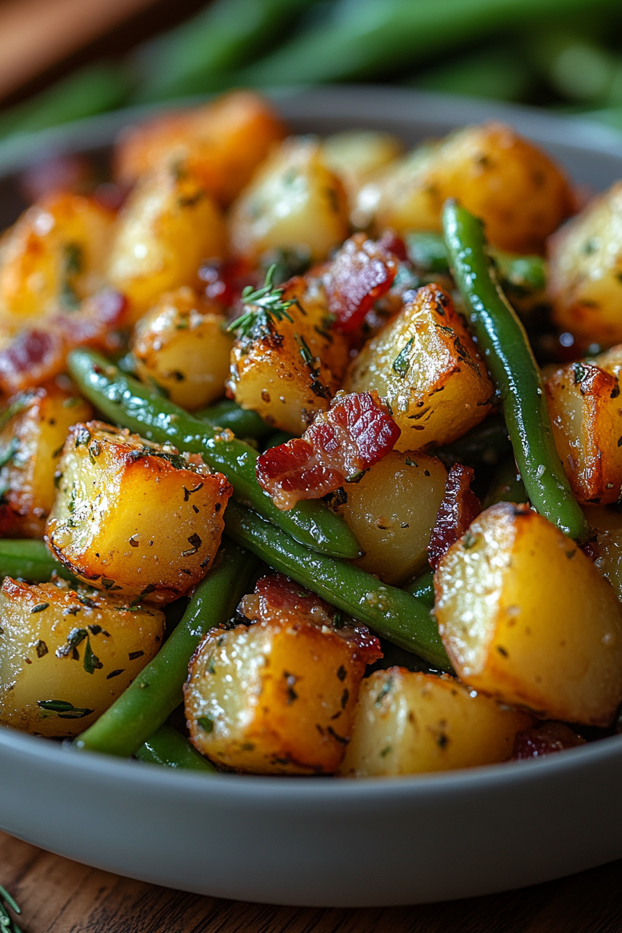 Ranch green beans and potatoes with crispy bacon in a bowl, featuring golden roasted baby potatoes and vibrant green beans seasoned with herbs.