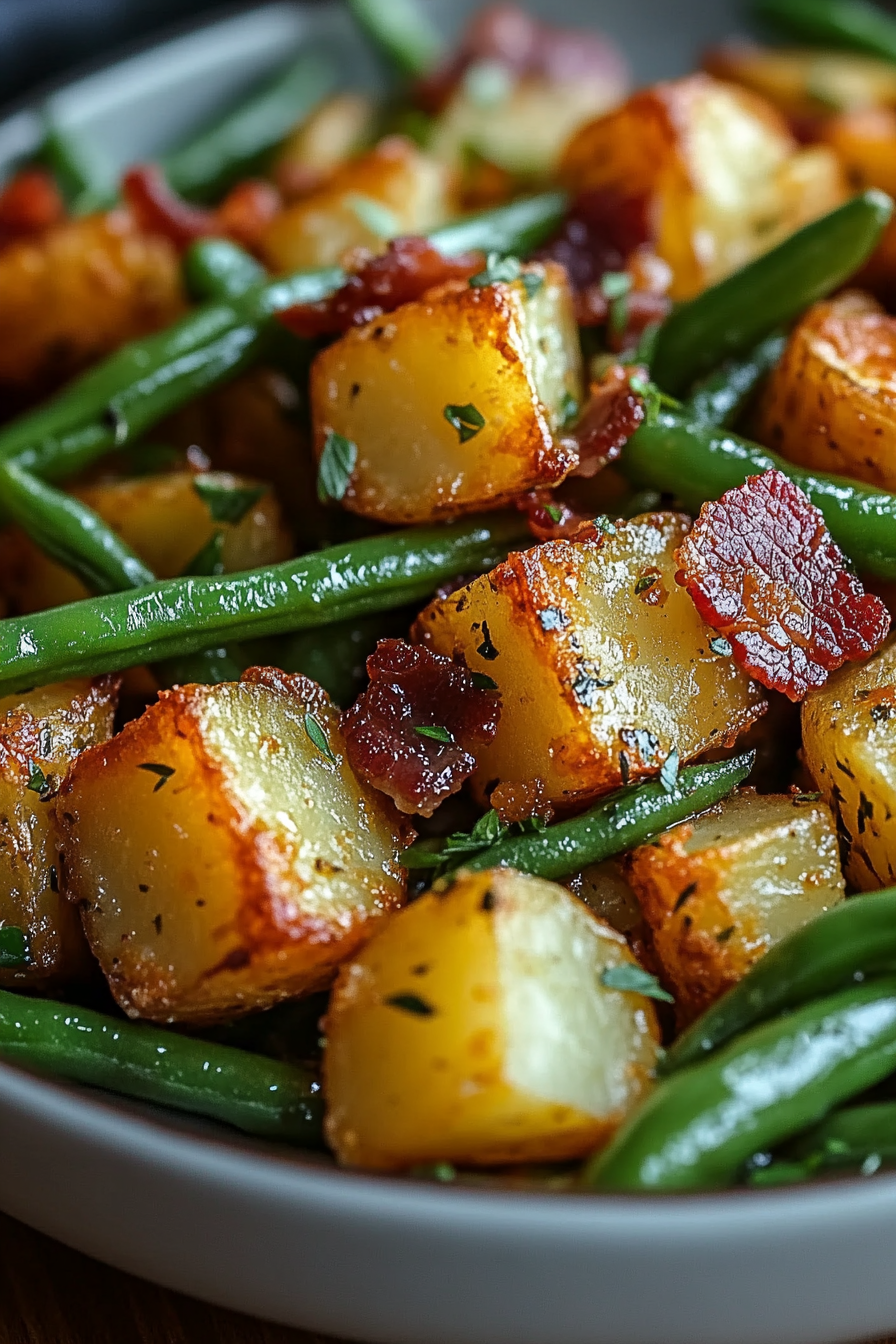 Ranch green beans and potatoes with crispy bacon in a bowl, featuring golden roasted baby potatoes and vibrant green beans seasoned with herbs.