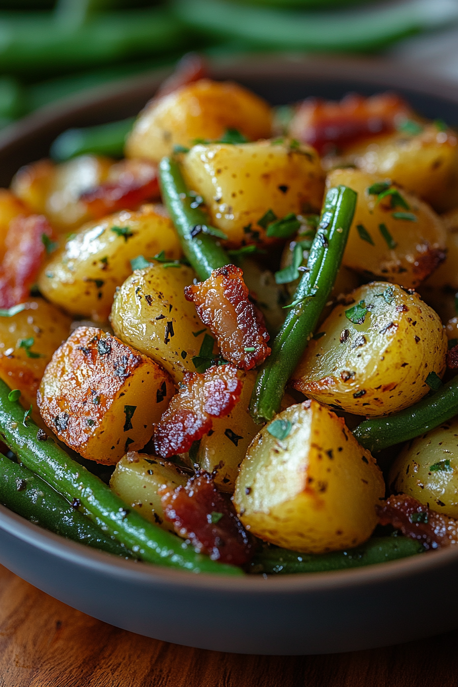 Ranch green beans and potatoes with crispy bacon in a bowl, featuring golden roasted baby potatoes and vibrant green beans seasoned with herbs.