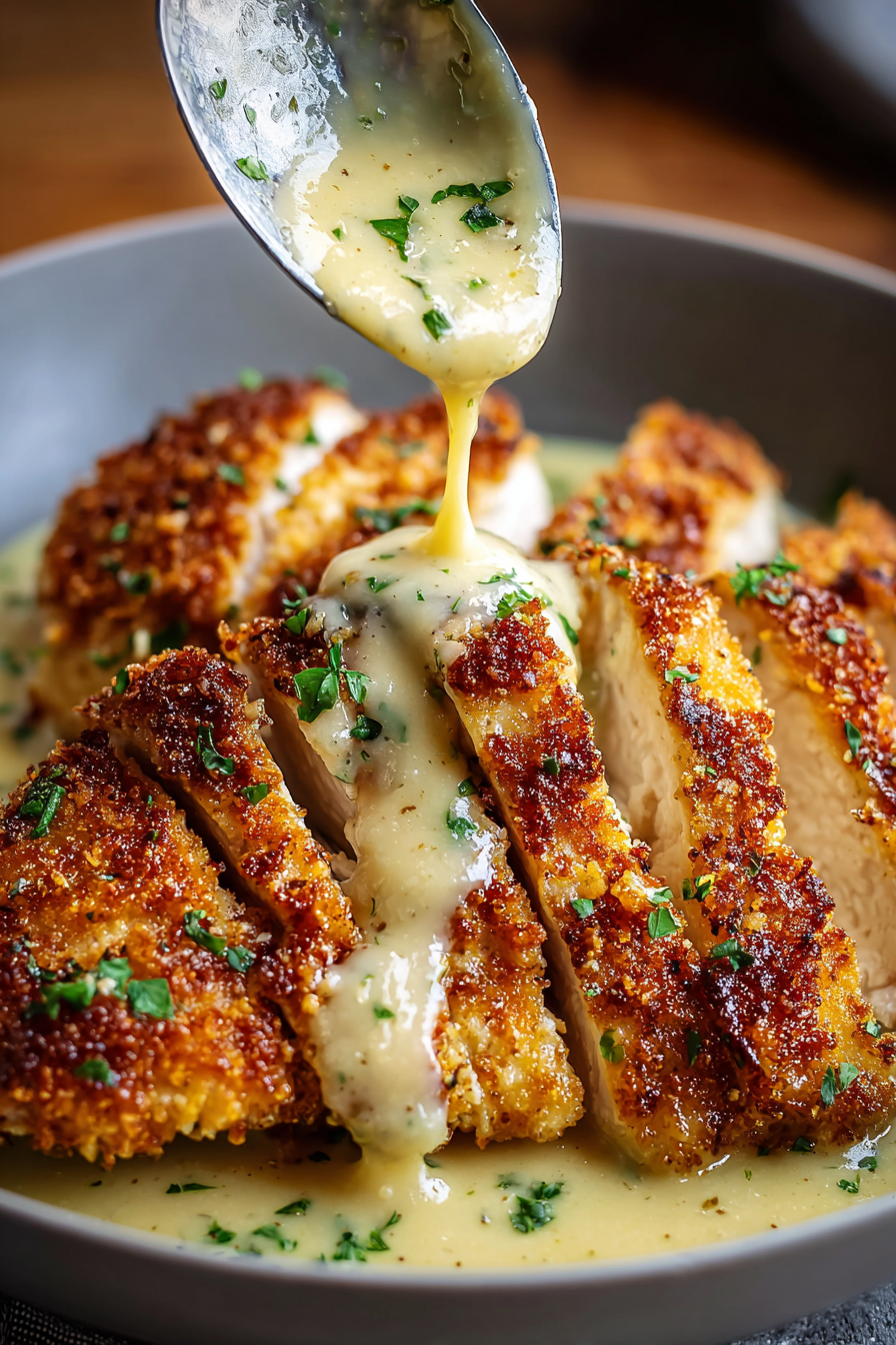 Parmesan Crusted Chicken with Creamy Garlic Sauce