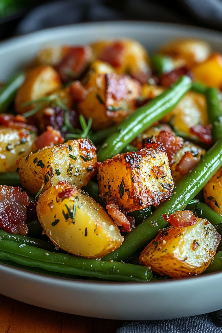 Ranch green beans and potatoes with crispy bacon in a bowl, featuring golden roasted baby potatoes and vibrant green beans seasoned with herbs.
