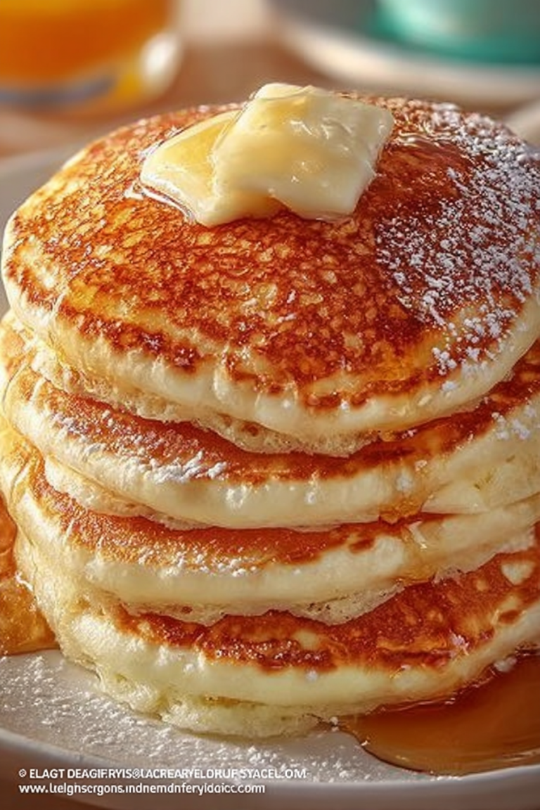 A stack of golden-brown pancakes on a plate, dusted with powdered sugar, surrounded by a bowl of butter cubes, a bottle of milk, and a bowl of flour.