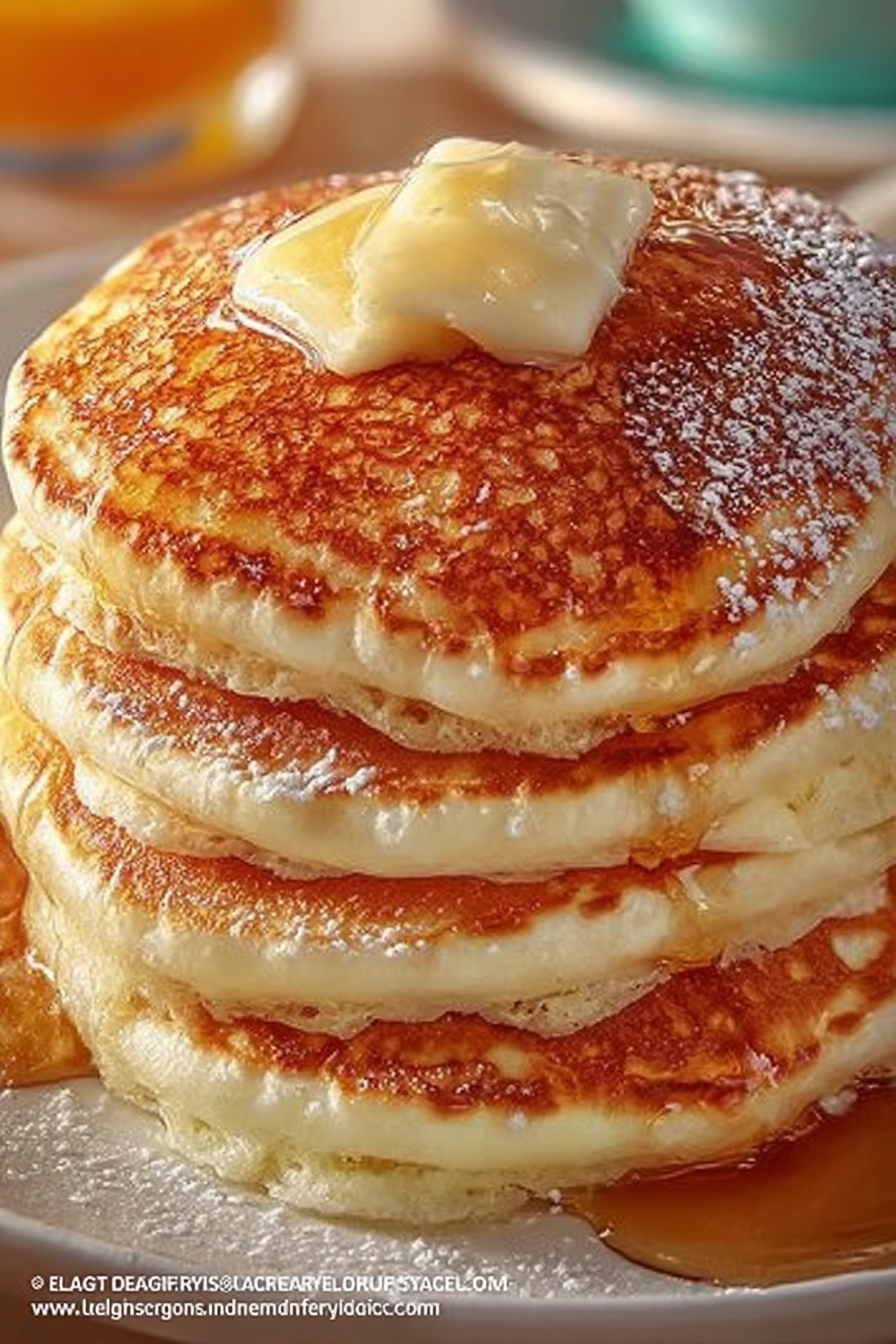 A stack of golden-brown pancakes on a plate, dusted with powdered sugar, surrounded by a bowl of butter cubes, a bottle of milk, and a bowl of flour.
