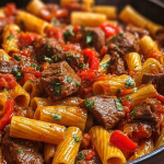 A hearty one-pot dish of rigatoni pasta mixed with juicy steak bites, sautéed red peppers, and a rich tomato-based sauce, garnished with fresh herbs in a black skillet.