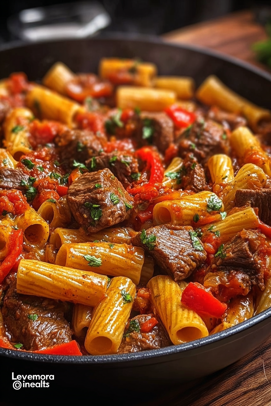 A hearty one-pot dish of rigatoni pasta mixed with juicy steak bites, sautéed red peppers, and a rich tomato-based sauce, garnished with fresh herbs in a black skillet.