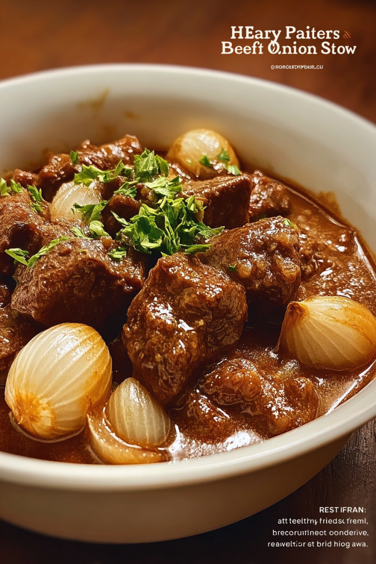 Close-up of Greek Beef Stifado featuring tender beef chunks, pearl onions, and fresh herbs in a rich tomato-based stew.