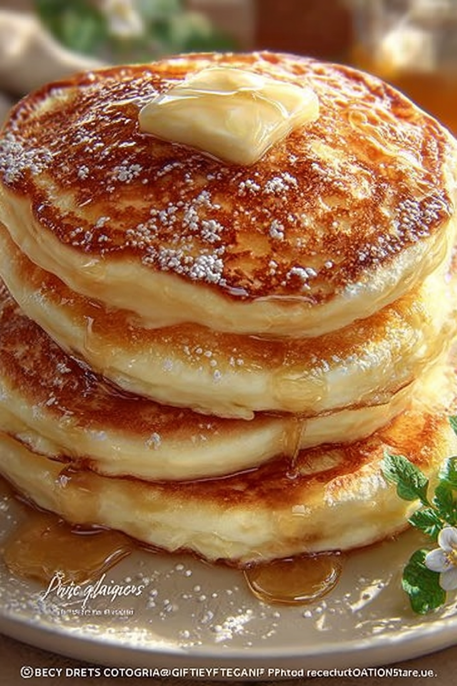 A stack of golden-brown pancakes on a plate, dusted with powdered sugar, surrounded by a bowl of butter cubes, a bottle of milk, and a bowl of flour.
