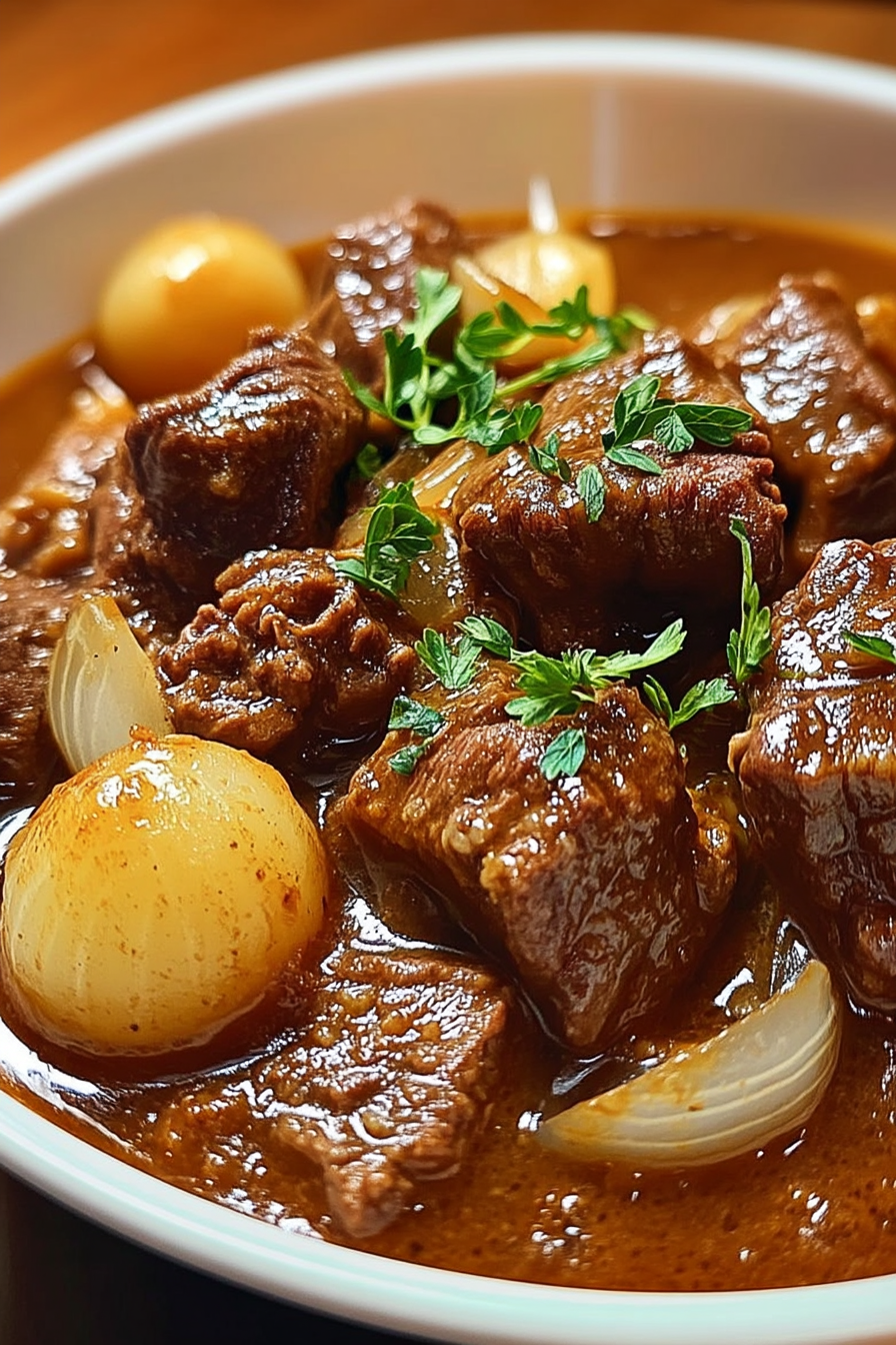 Close-up of Greek Beef Stifado featuring tender beef chunks, pearl onions, and fresh herbs in a rich tomato-based stew.