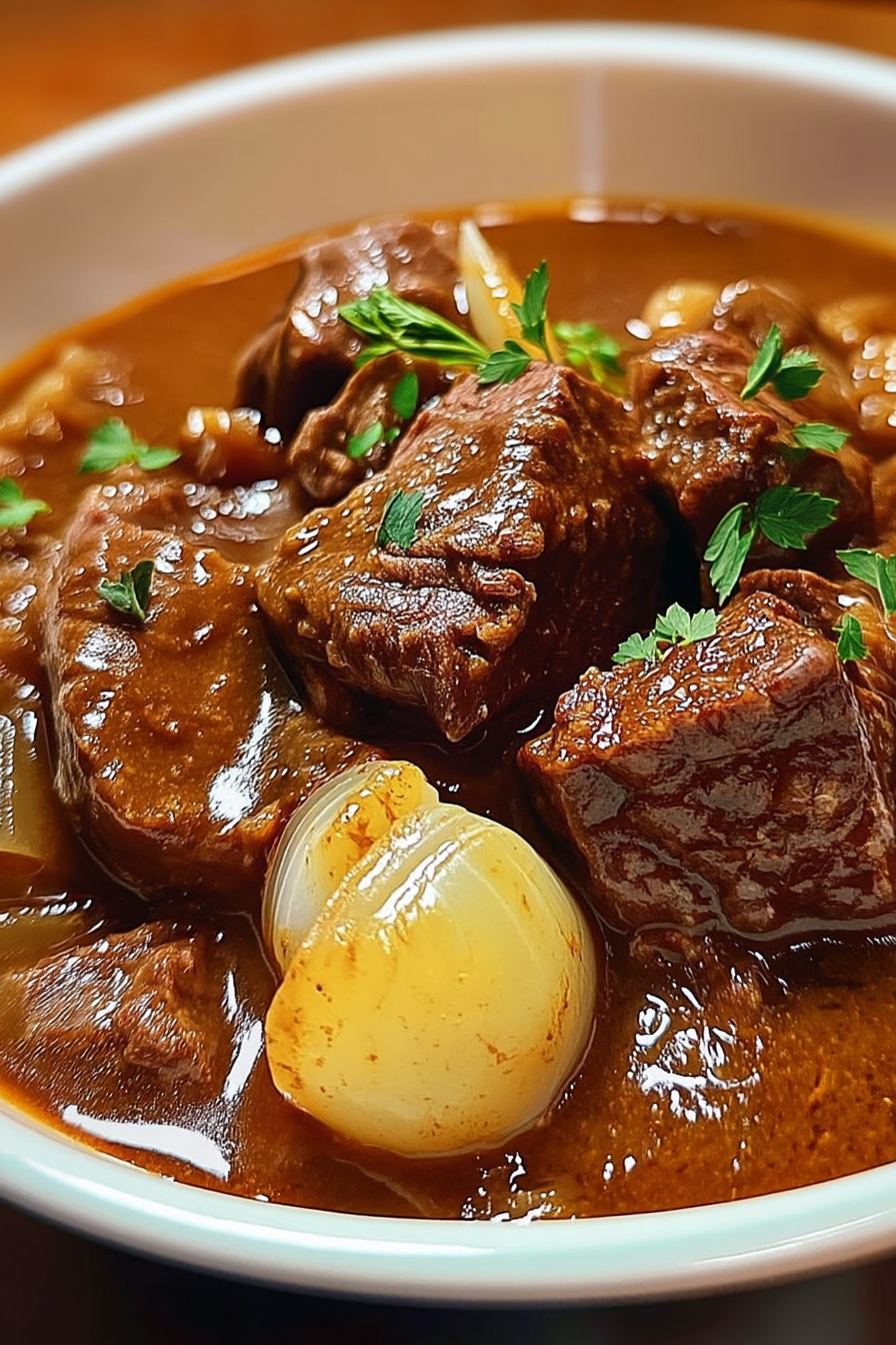 Close-up of Greek Beef Stifado featuring tender beef chunks, pearl onions, and fresh herbs in a rich tomato-based stew.