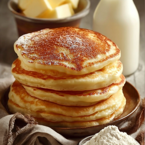A stack of golden-brown pancakes on a plate, dusted with powdered sugar, surrounded by a bowl of butter cubes, a bottle of milk, and a bowl of flour.