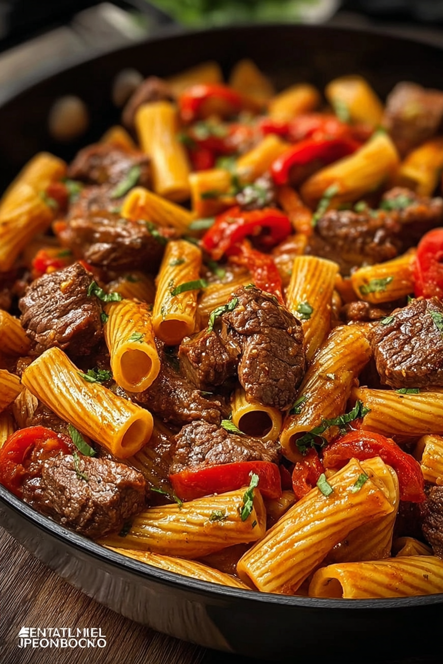 A hearty one-pot dish of rigatoni pasta mixed with juicy steak bites, sautéed red peppers, and a rich tomato-based sauce, garnished with fresh herbs in a black skillet.