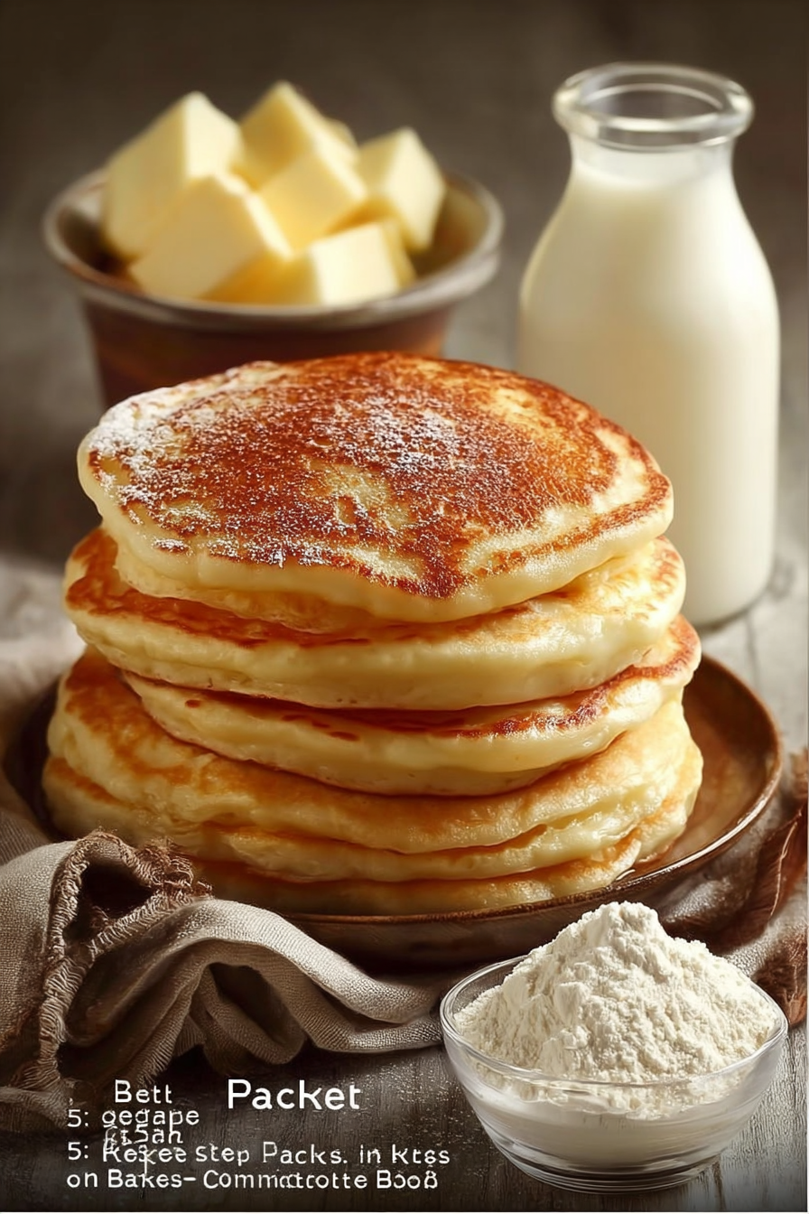 A stack of golden-brown pancakes on a plate, dusted with powdered sugar, surrounded by a bowl of butter cubes, a bottle of milk, and a bowl of flour.