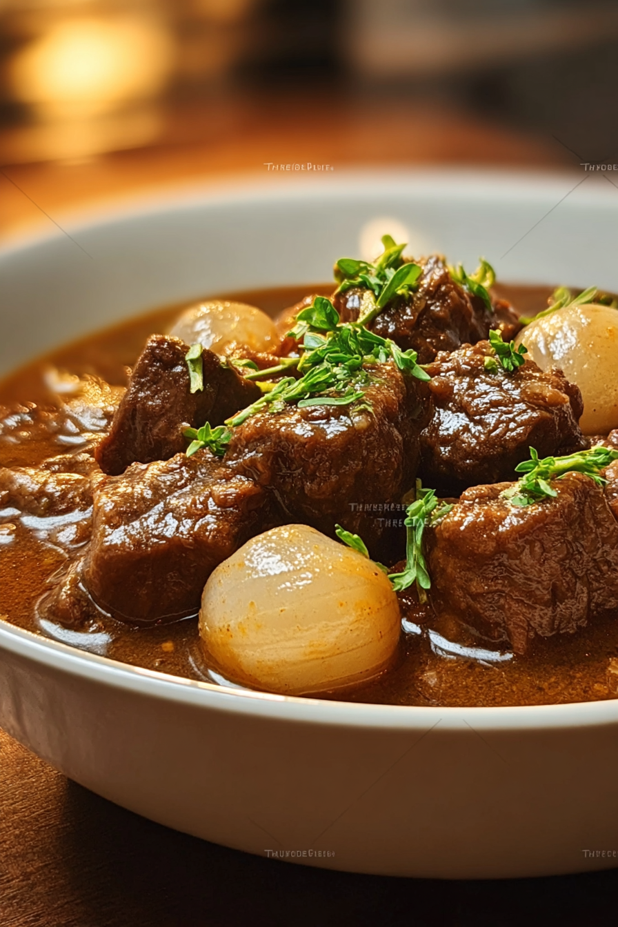 Close-up of Greek Beef Stifado featuring tender beef chunks, pearl onions, and fresh herbs in a rich tomato-based stew.