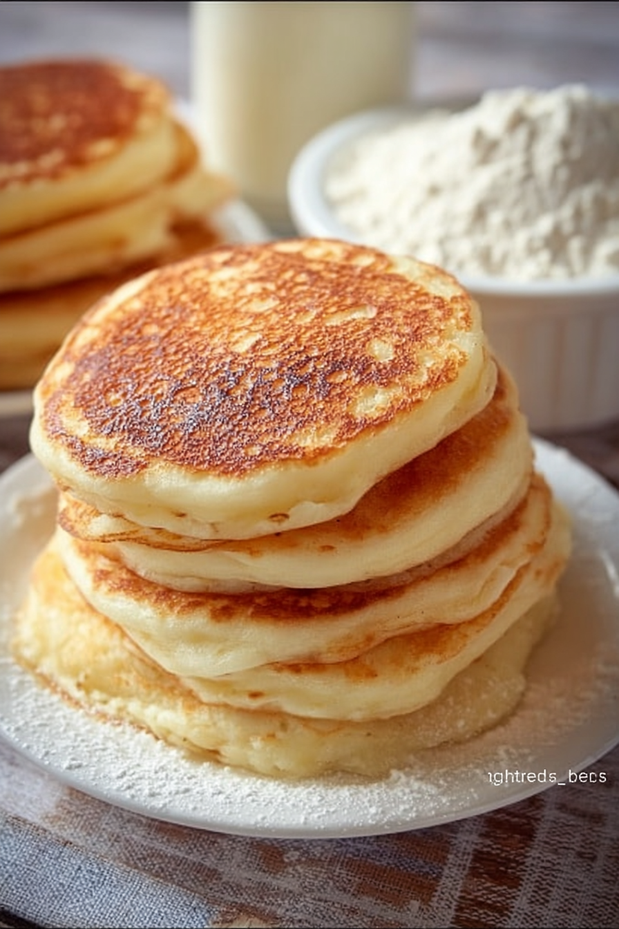 A stack of golden-brown pancakes on a plate, dusted with powdered sugar, surrounded by a bowl of butter cubes, a bottle of milk, and a bowl of flour.