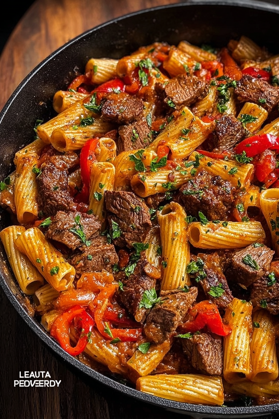 A hearty one-pot dish of rigatoni pasta mixed with juicy steak bites, sautéed red peppers, and a rich tomato-based sauce, garnished with fresh herbs in a black skillet.