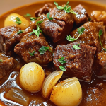 Close-up of Greek Beef Stifado featuring tender beef chunks, pearl onions, and fresh herbs in a rich tomato-based stew.
