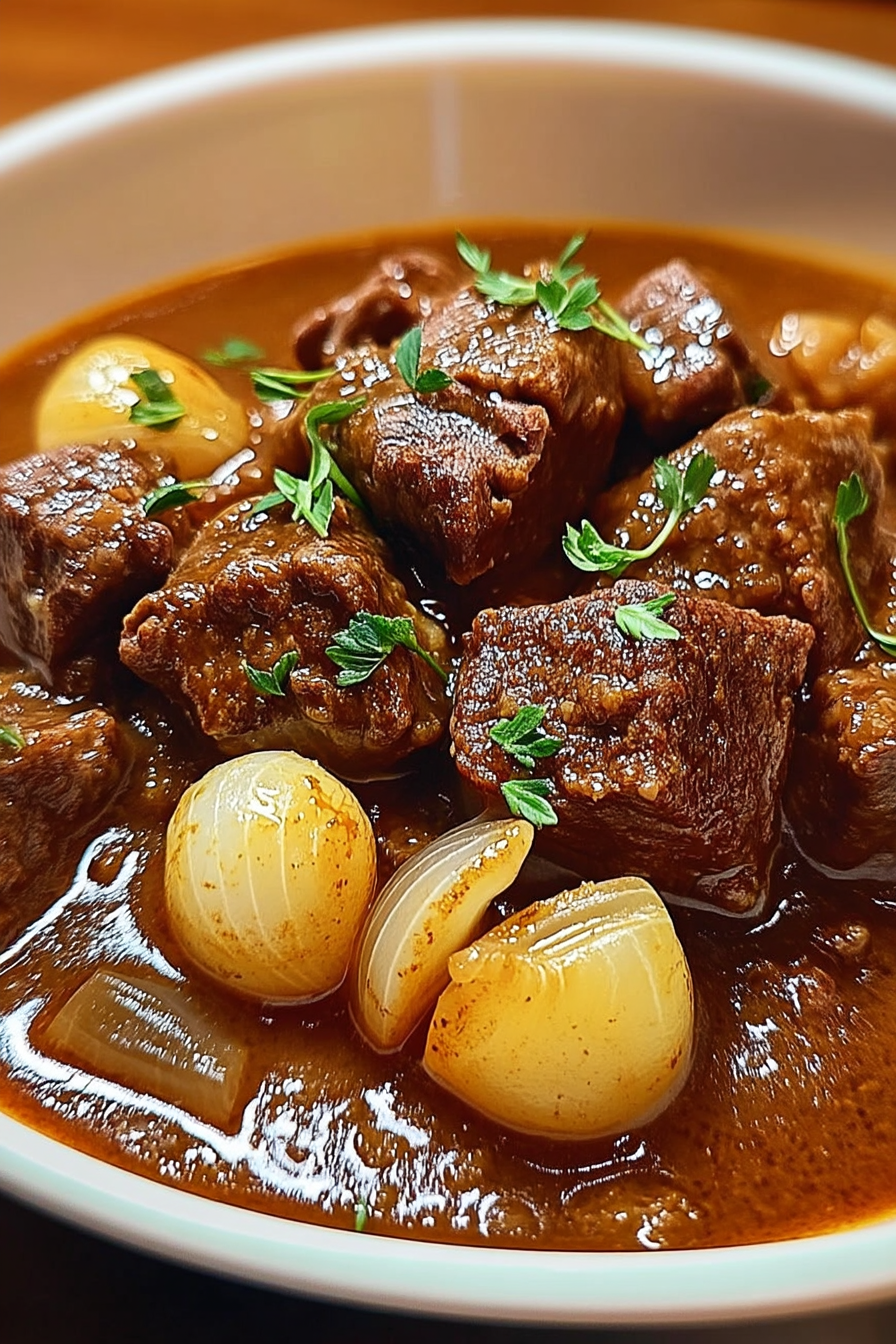 Close-up of Greek Beef Stifado featuring tender beef chunks, pearl onions, and fresh herbs in a rich tomato-based stew.